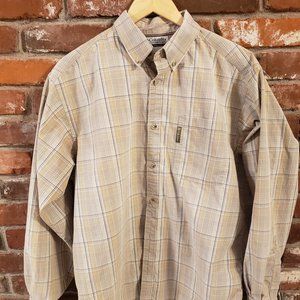 Columbia tan/yellow/white plaid men's outdoor button down shirt. Size L